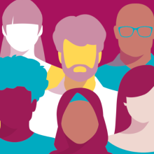 Pink background with illustrated people on top in bright colours blue and yellow